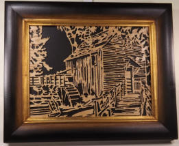 Framed Old Water Wheel Mill Scroll Art